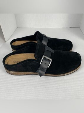 Earth Eras Casual Clogs Women’s 12 Black Suede Slip On Comfort Buckle Cork Sole